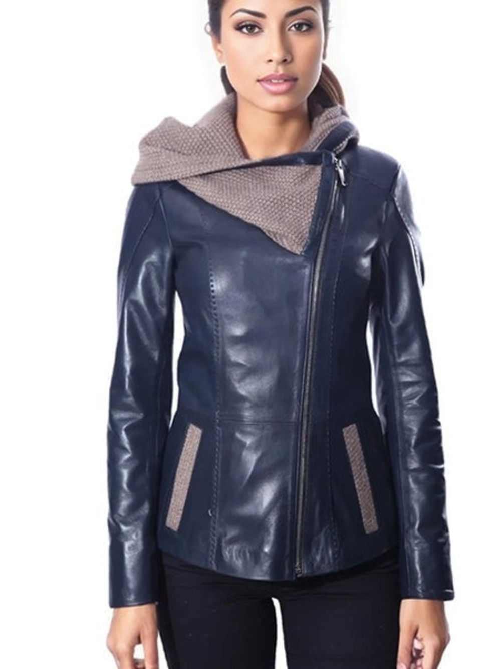 Women’s Navy Leather Asymmetrical Zip Jacket with Taupe Knit Hood